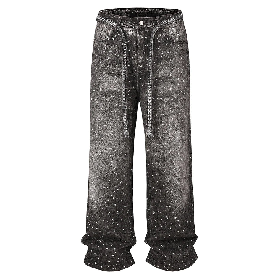 Vintage Blue Rhinestone Denim Baggy Jeans — back view