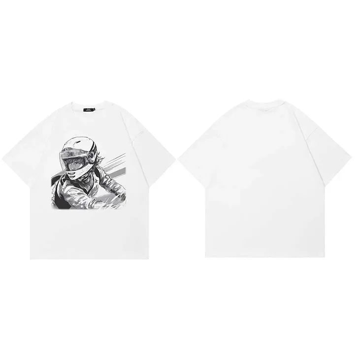 Moto White Anime Cartoon Graphic T-Shirt — fabric close-up