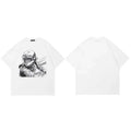 Moto White Anime Cartoon Graphic T-Shirt — fabric close-up