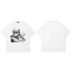 Moto White Anime Cartoon Graphic T-Shirt — fabric close-up