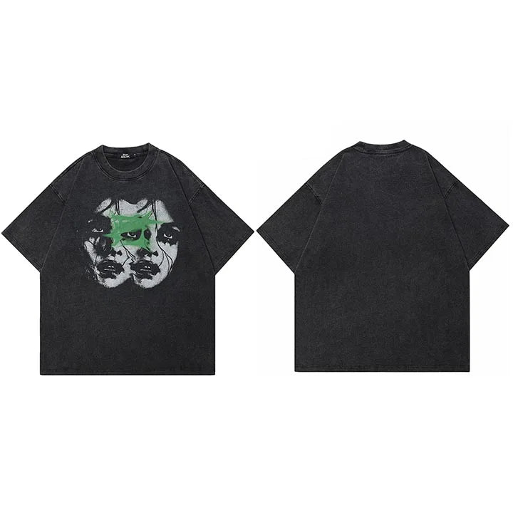 Vintage Retro Black Double Faces Washed T-Shirt — fabric close-up