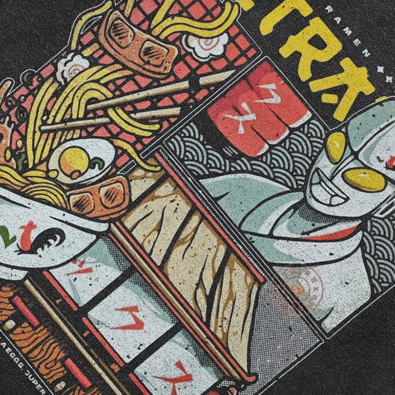 Graphic Black Anime Cartoon Faded T-Shirt — front view
