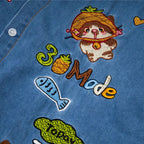 Vintage Cartoon Cat Graphic Denim Loose Shirt — fit shot