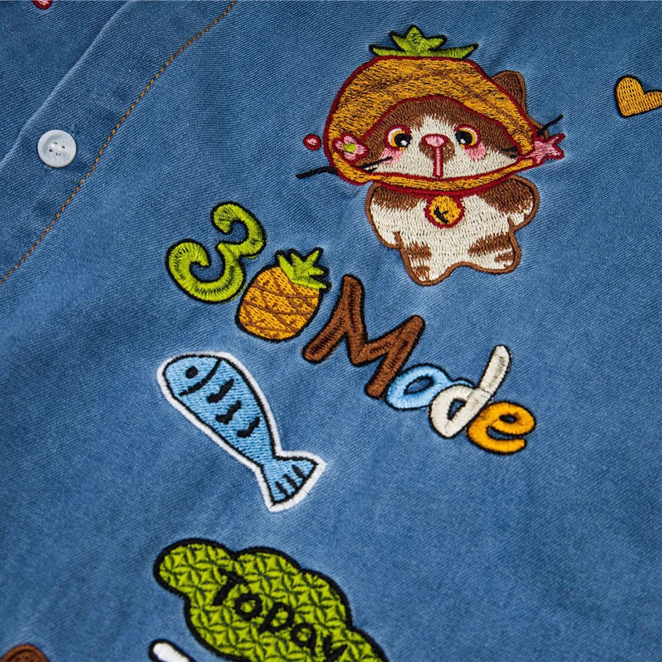 Vintage Cartoon Cat Graphic Denim Loose Shirt — fit shot