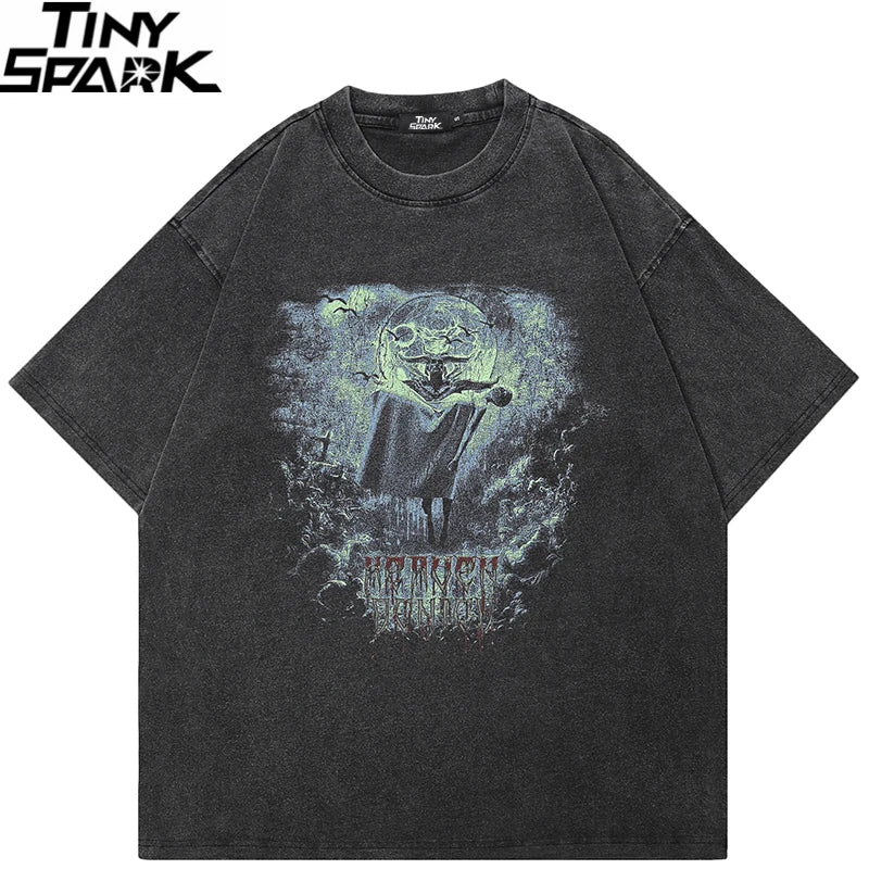 Goth Black Scary Cartoon Faded T-Shirt — front view