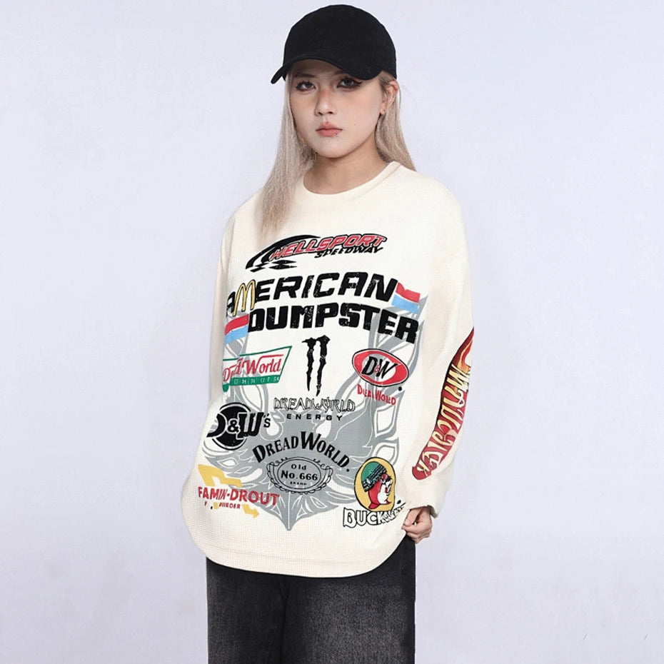 Beige Vintage Oversized Long Sleeve Tee — fit shot