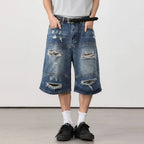 Jeans Vintage Blue Ripped Loose Denim Shorts — front view