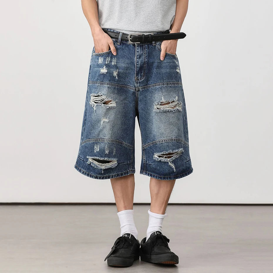 Jeans Vintage Blue Ripped Loose Denim Shorts — front view