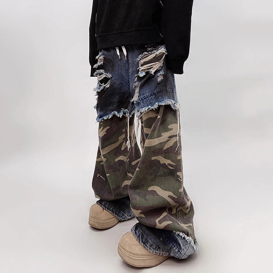 Vintage Camouflage Patchwork Denim Wide Leg Jeans — back view