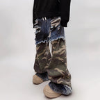 Vintage Camouflage Patchwork Denim Wide Leg Jeans — back view