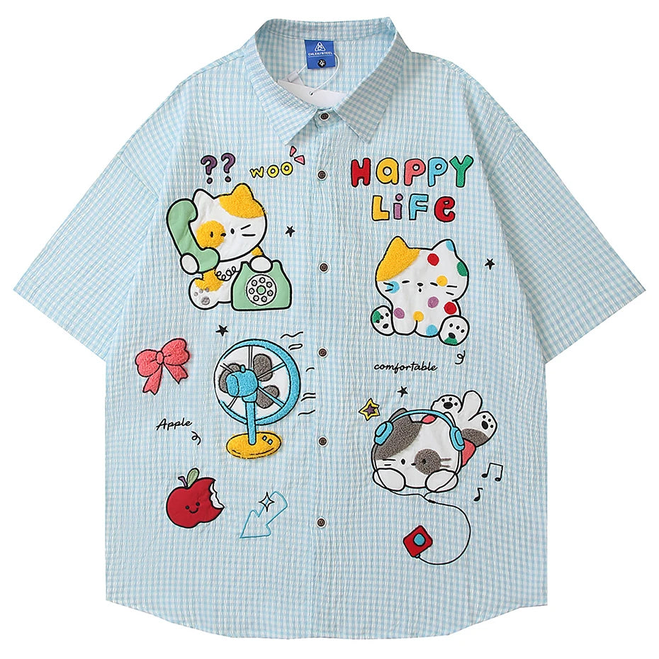 Embroidered Cat Graphic Loose Shirt — styling shot