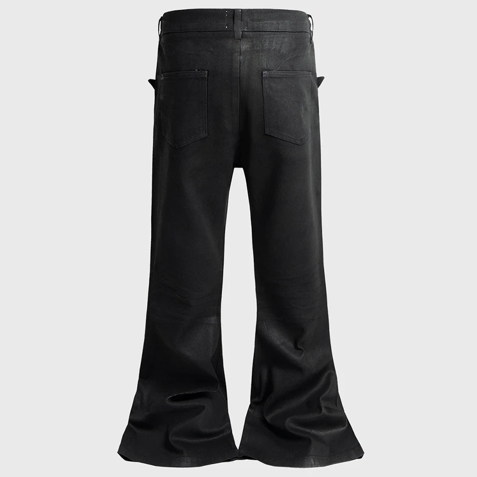 Red Black Print Denim Flare Jeans — front view