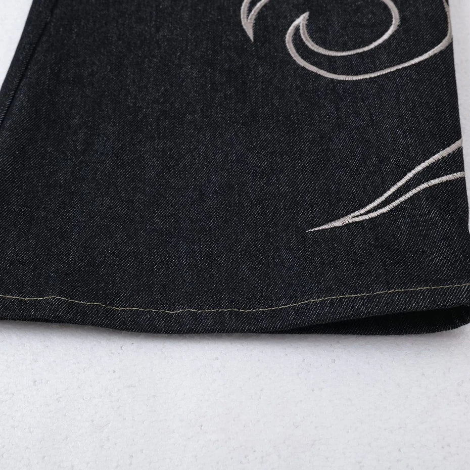 Black Embroidered Denim Baggy Jeans — fabric close-up