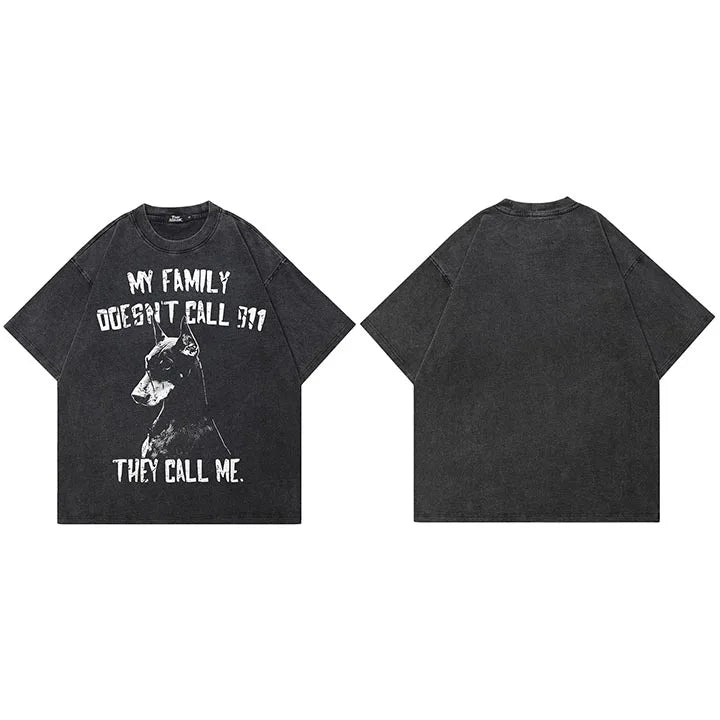 Retro Black Doberman Dog Washed T-Shirt — fabric close-up