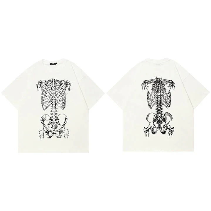 Y2K White Skeleton Graphic T-Shirt — fabric close-up