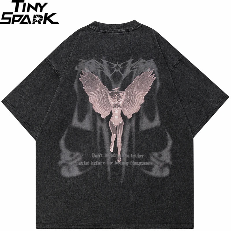 Retro Black Angel Wings Washed T-Shirt — front view