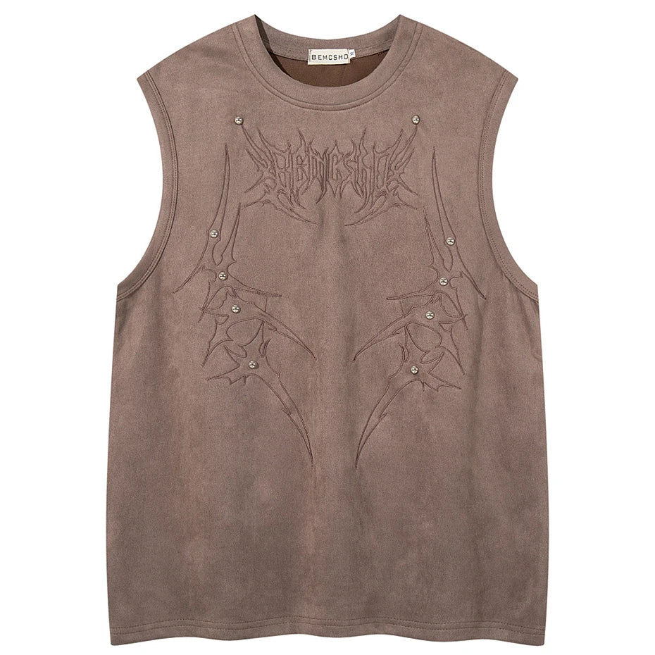 Rivet Vintage Embroidered Suede Loose Vest — back view
