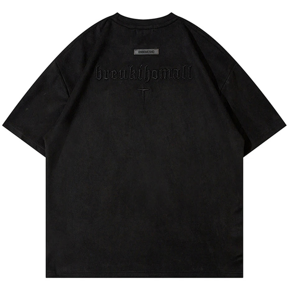 Letter Embroidered Suede Oversized T-Shirt — styling shot