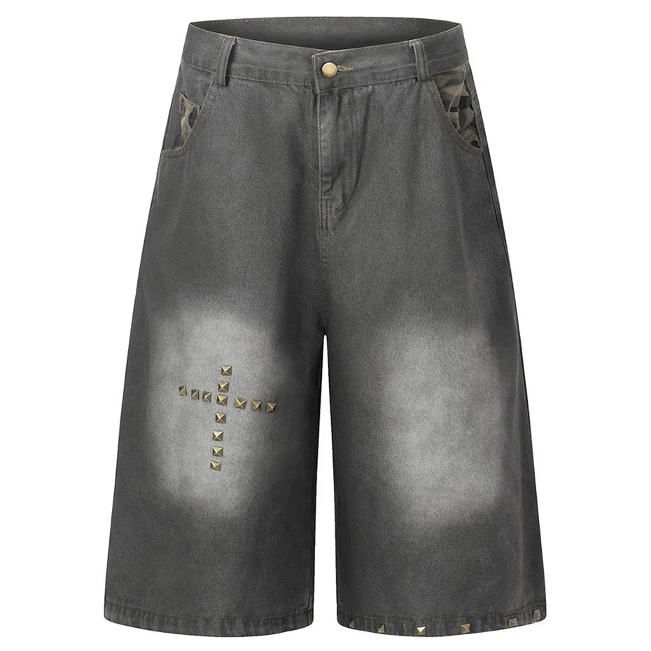 Vintage Cross Loose Denim Shorts — back view
