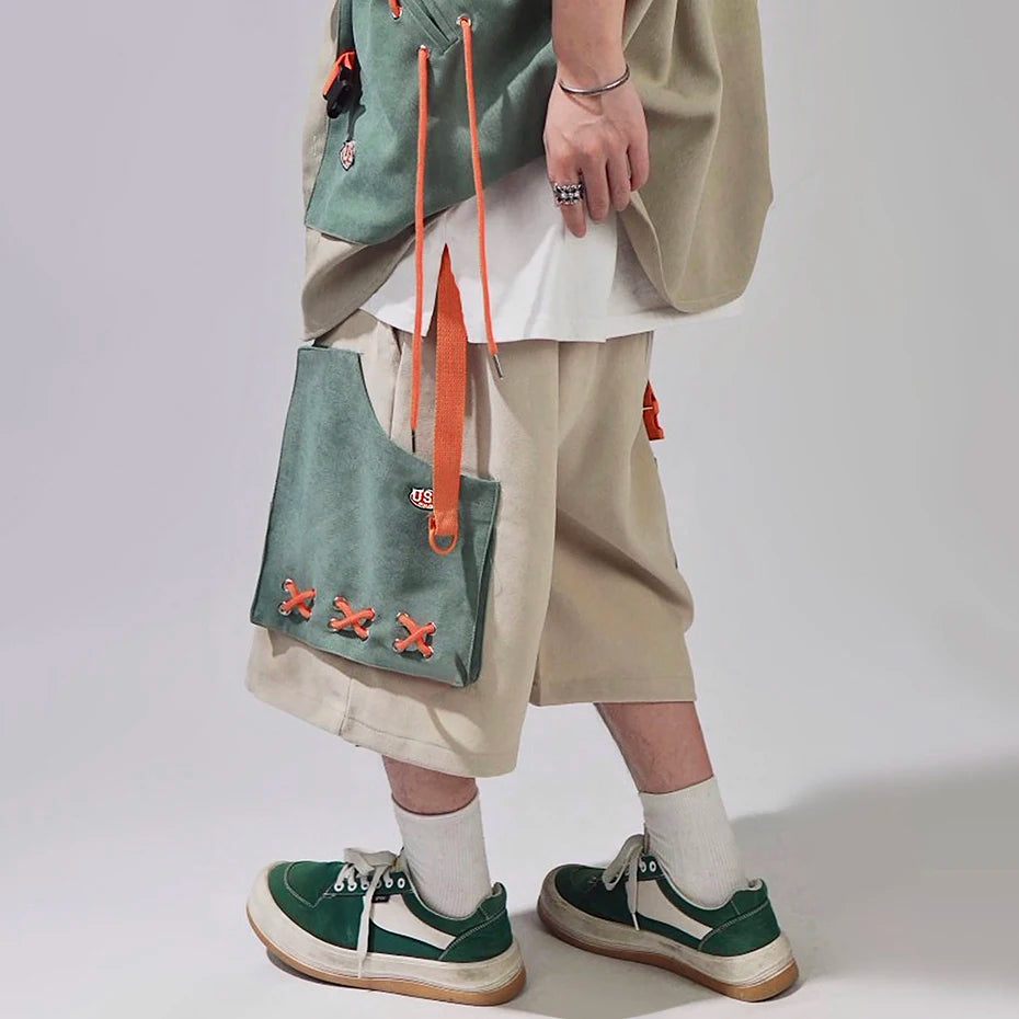 Y2K Patchwork Loose Cargo Shorts — front view