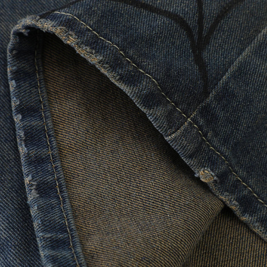 Y2K Blue Spider Cobweb Print Loose Denim Shorts — fabric close-up