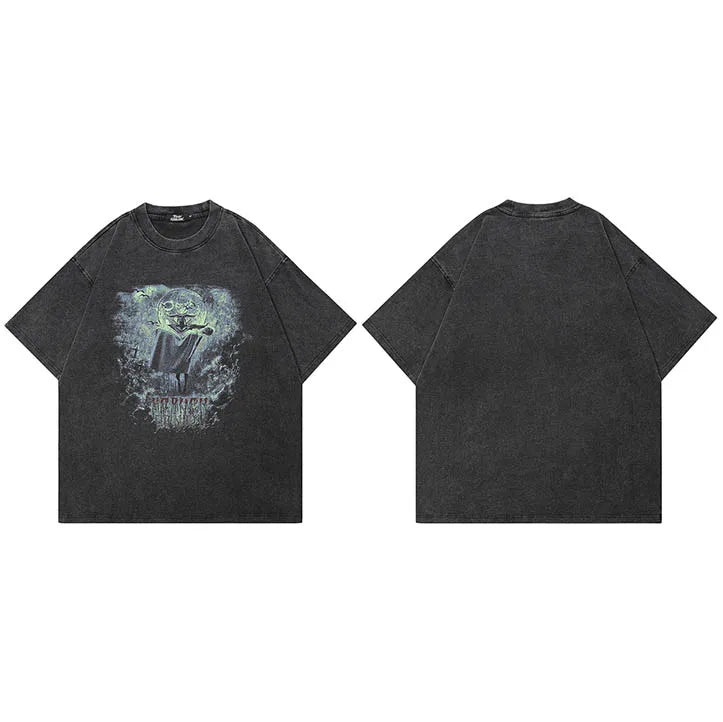 Goth Black Scary Cartoon Faded T-Shirt — styling shot