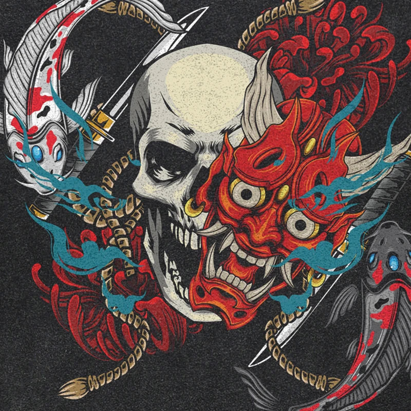 Retro Black Mask Skull Washed T-Shirt — back view