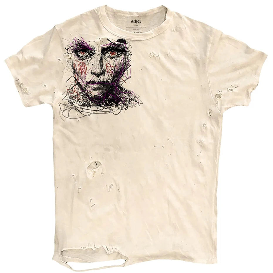 Punk Graffiti Ripped Loose T-Shirt — fabric close-up