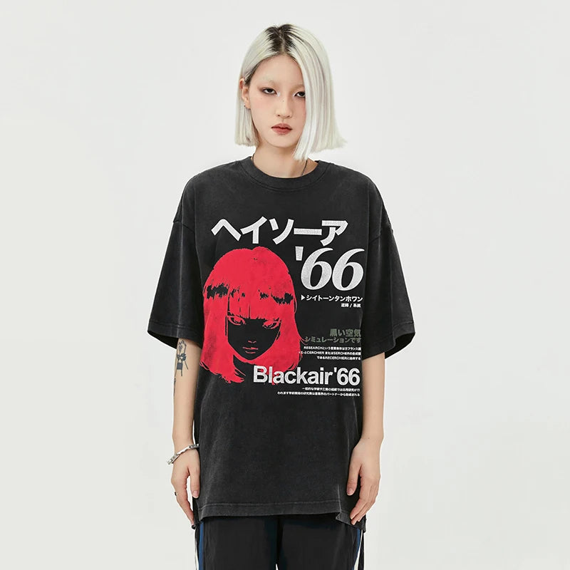 Black Kanji Cartoon Washed T-Shirt — front view