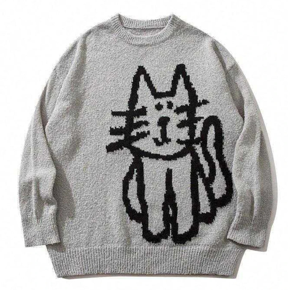 Vintage Cat Graphic Knit Oversized Sweater — front view
