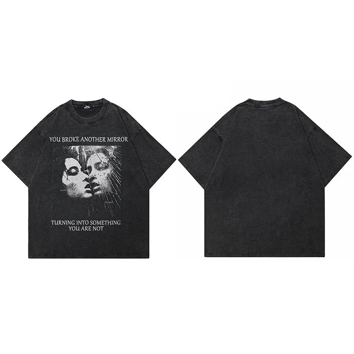 Vintage Retro Black Faded T-Shirt — fabric close-up
