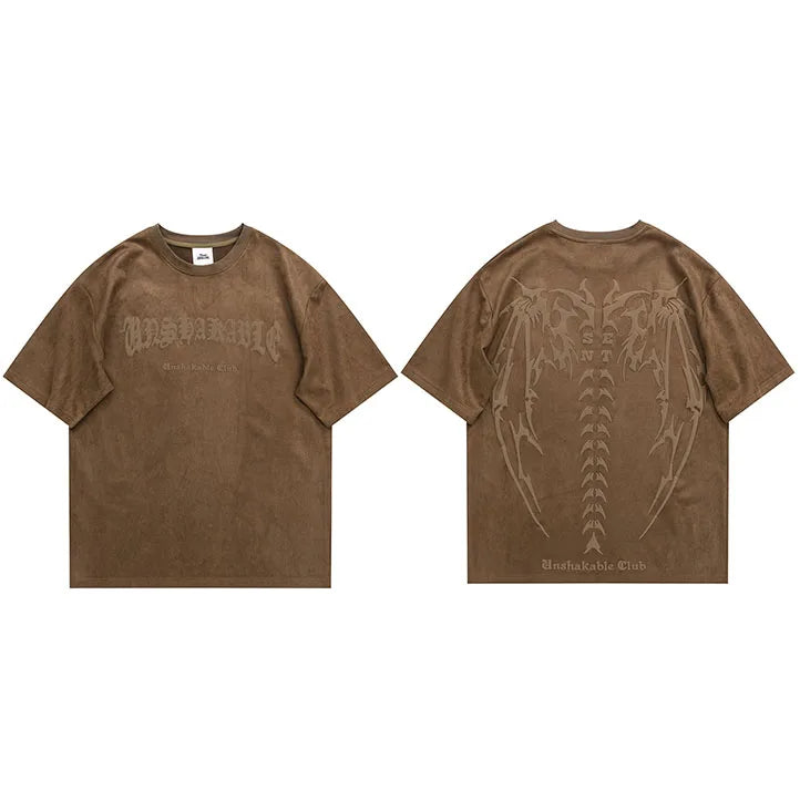 Devil Wings Graphic Suede T-Shirt — fabric close-up