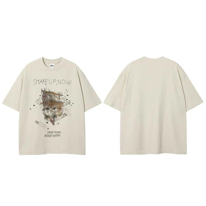 White Beige Cat Graphic T-Shirt — fit shot