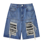 Retro Blue Star Spliced Loose Denim Shorts — side view