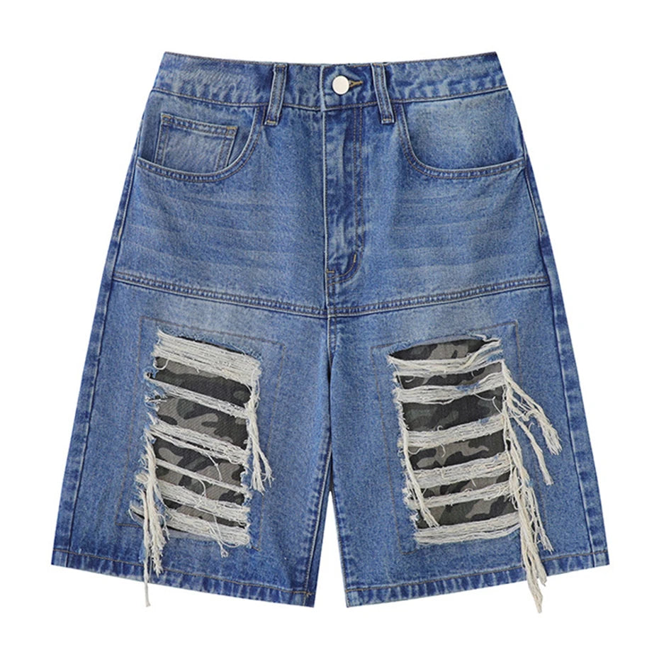 Retro Blue Star Spliced Loose Denim Shorts — side view