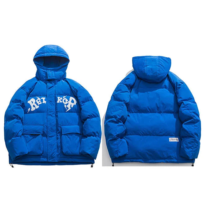 Blue Letter Hooded Puffer Jacket — flat lay