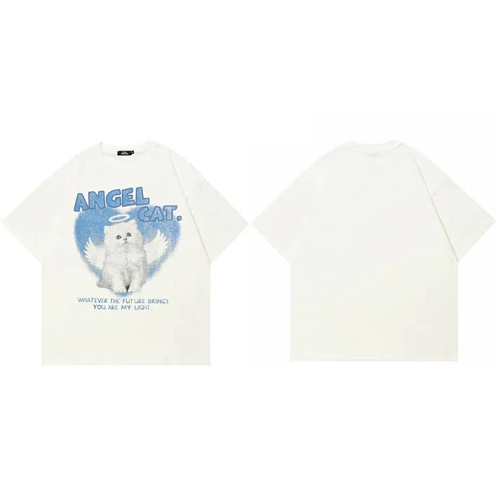 White Baby Angel Cat Graphic T-Shirt — styling shot