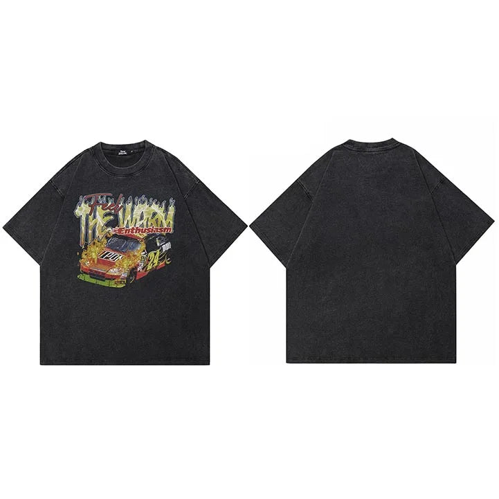 Retro Black Racing Car Washed T-Shirt — fabric close-up