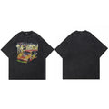 Retro Black Racing Car Washed T-Shirt — fabric close-up