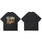 Retro Black Racing Car Washed T-Shirt — fabric close-up
