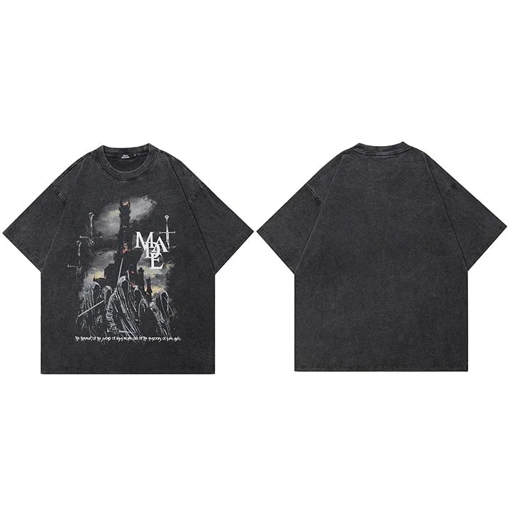 Retro Black Scary Ghost Washed T-Shirt — fabric close-up