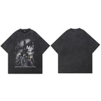 Retro Black Scary Ghost Washed T-Shirt — fabric close-up