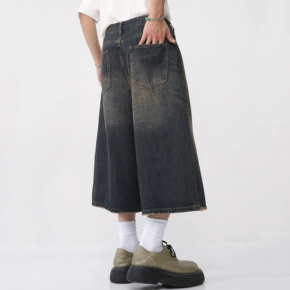Wide Vintage Blue Loose Denim Shorts — fabric close-up