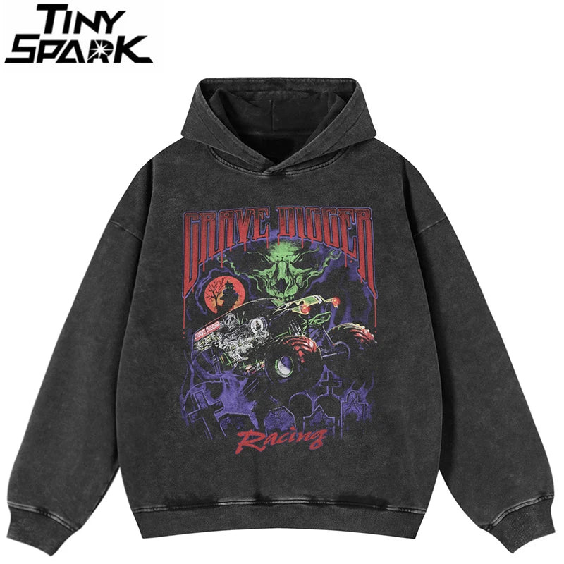 Grave Black Graphic Oversized Hoodie — front view