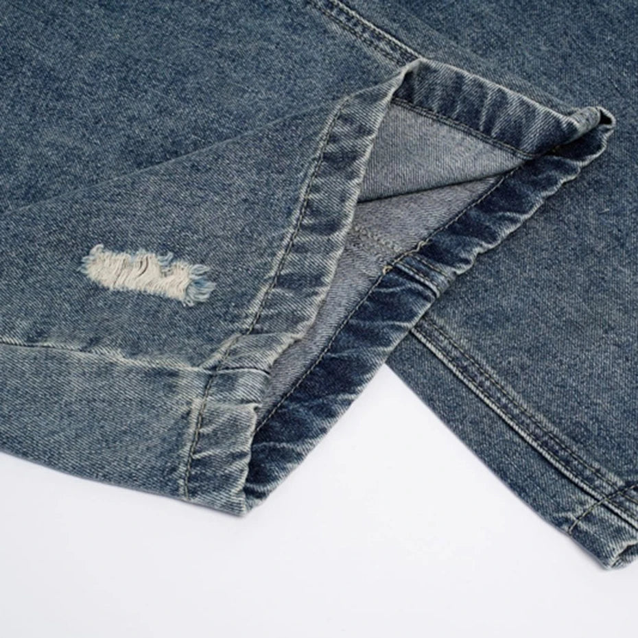 Y2K Blue Denim Wide Leg Jeans — fabric close-up