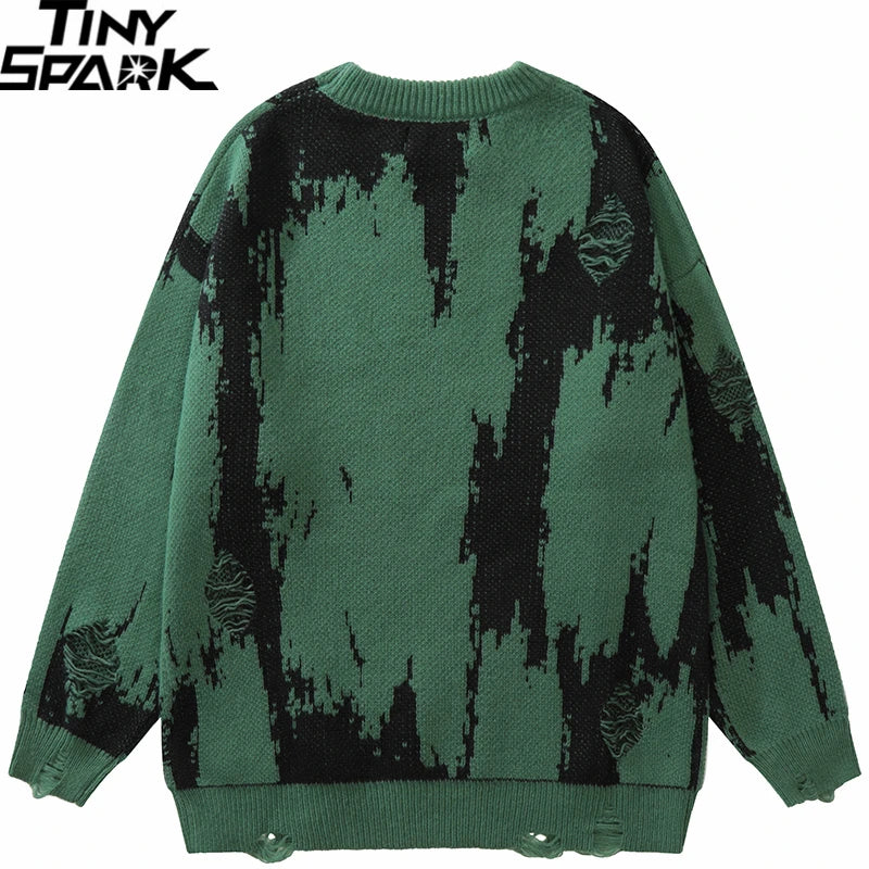 Vintage Letter Ripped Knit Sweater — back view