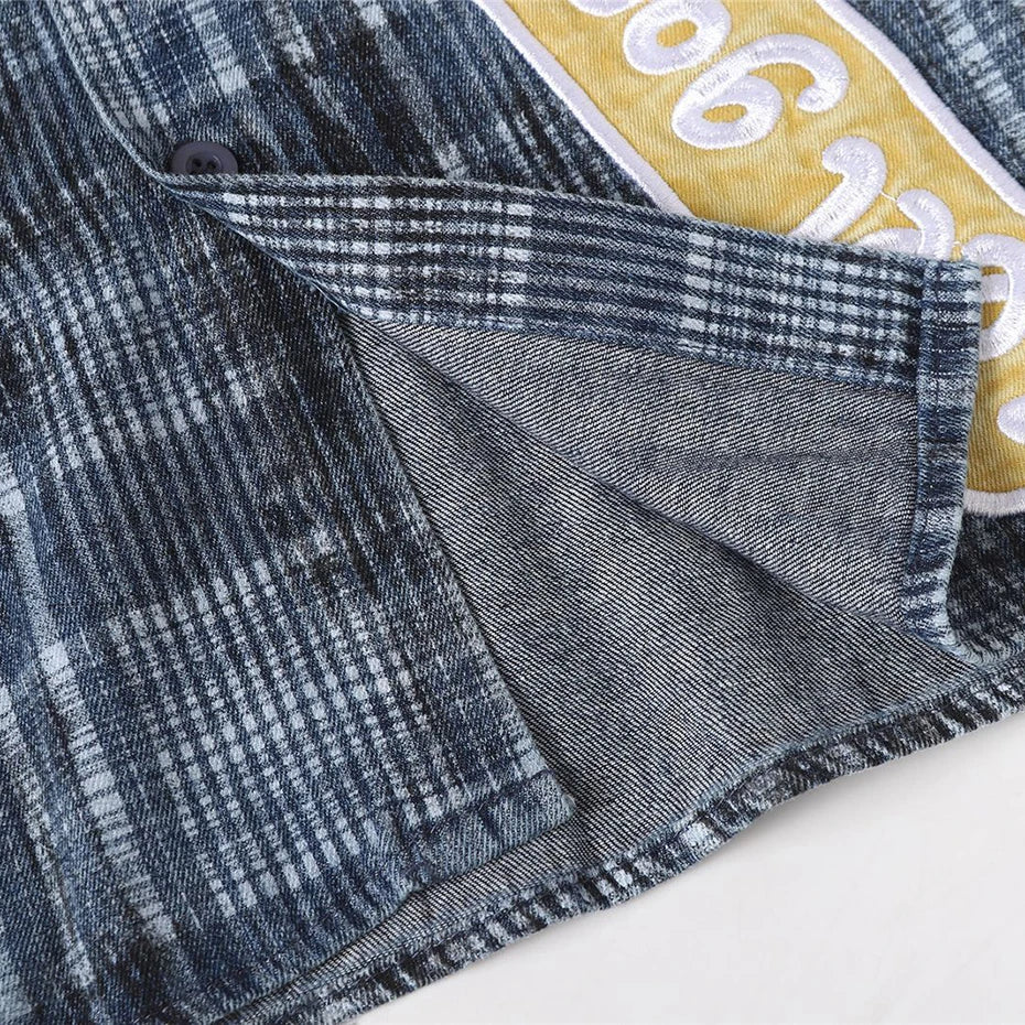Y2K Vintage Cat Embroidered Denim Loose Shirt — fabric close-up