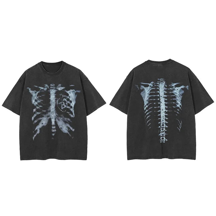 Graphic Black Skeleton Faded T-Shirt — fabric close-up