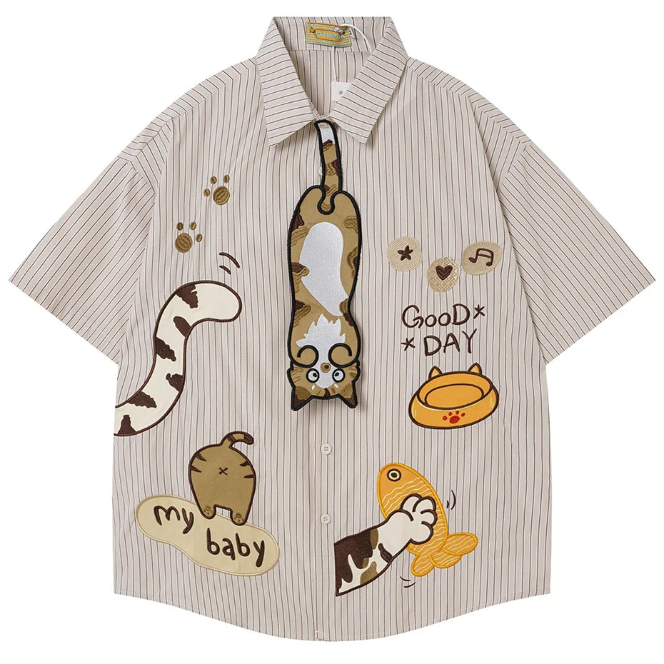 Shirts Vintage Cat Embroidered Loose Shirt — styling shot