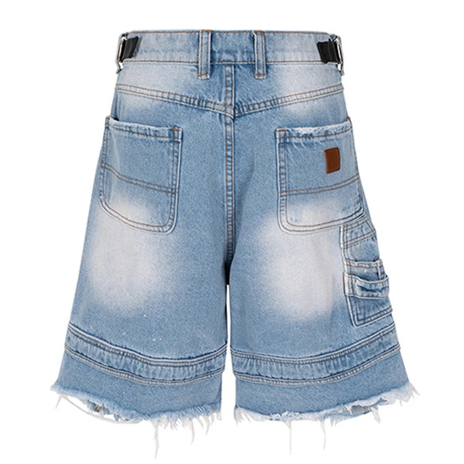 Vintage Blue Ripped Wide Leg Denim Shorts — front view